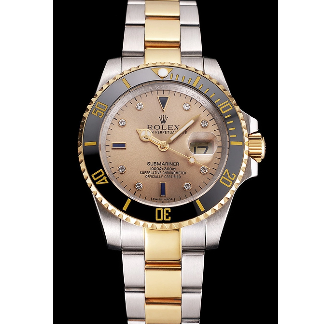 Rolex aaa copy Steel Tone Diamond Dial Gold Swiss Gold Black Bezel Markings Bracelet Submariner Rolex Two 0729